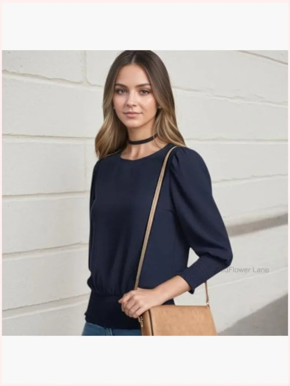 Smocked Elastic Cinched Waist Blouse 3/4 Sleeve Top - Picture 6 of 7